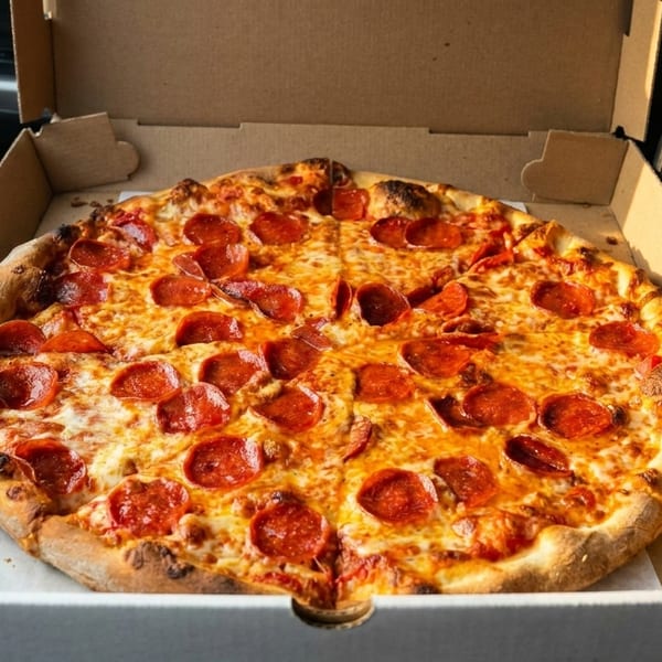 Freshly baked pepperoni pizza in an open delivery box, resting on a car seat.